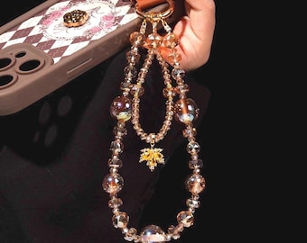 Handmade Champagne Crystal Beaded Phone Charm, Amber Tone Wristlet, Gold Flower Pendant Keychain, Elegant Bag Charm Gift