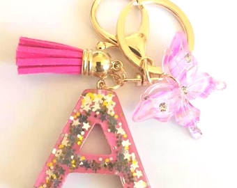 Double Sided Pink Resin Initial Keychain, Y2K Butterfly Purse Charm, Cute Star Glitter Car Keyring, Personalized Bag Accessory, Gift for Her
