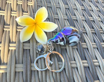Galaxy Conch Shell Keychain, Purple Resin Seashell Charm, Star Snow Globe Bag Charm, Iridescent Keyring, Beach Gift, Ocean Lover Gift