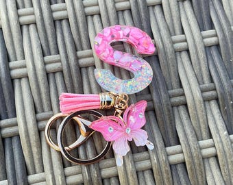 Personalized Y2K Pink Resin Keychain, Rhinestone Butterfly Charm Keyring, Custom Monogram Bag Charm, Sweet 16 Bridesmaid Gift for Her