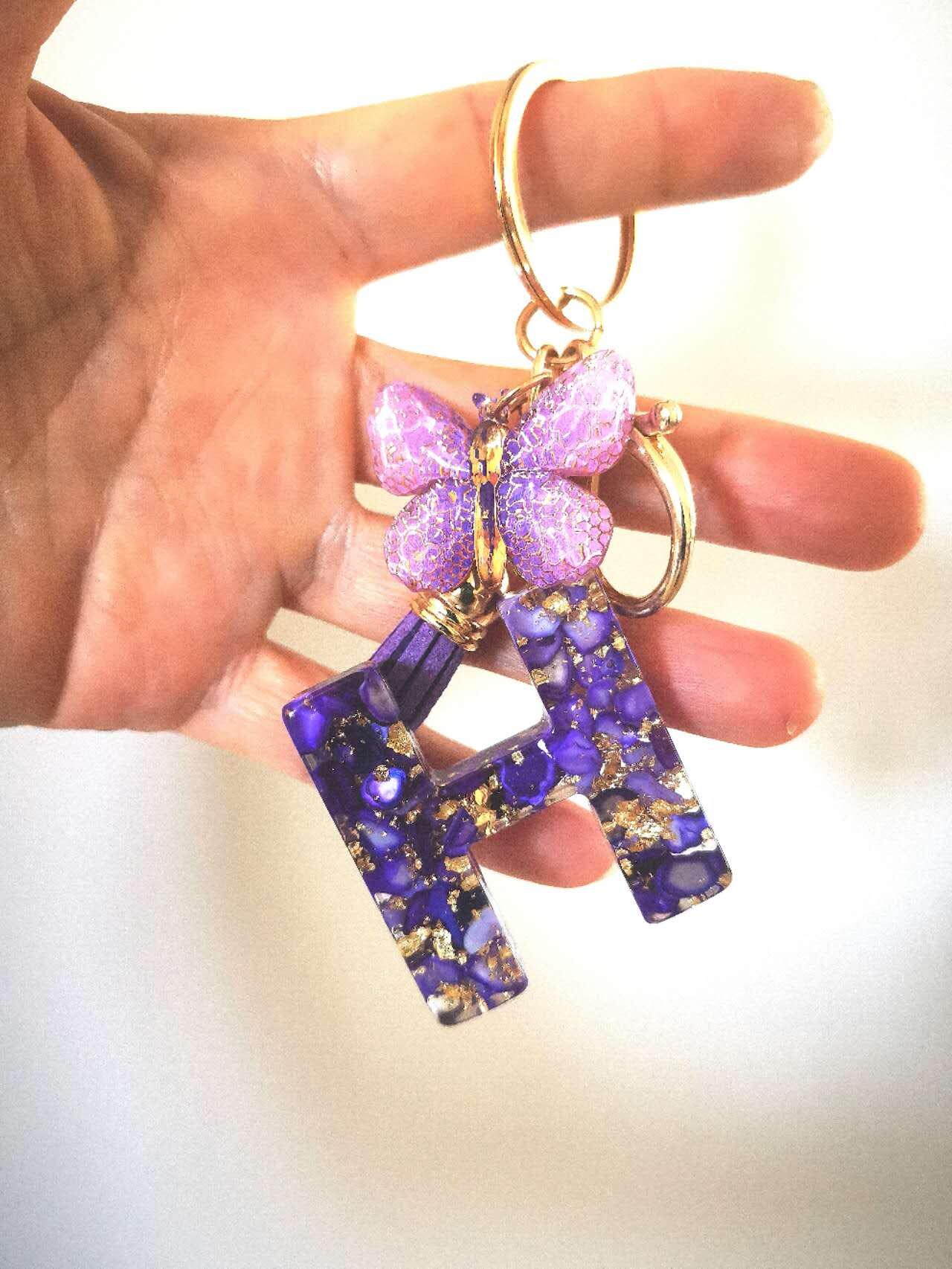 Purple Keyring Personalized Purple Resin Initial Keychain With Butterfly Charm - Etsy