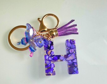Personalized Purple Resin Initial Keychain, Rhinstone Butterfly Charm, Glitter Car Charm, Monogram Backpack Ornament, Y2K Soft Girl Gift