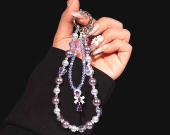 Purple Pearl Phone Charm Strap, Beaded iPhone Charm with Bow Pendant, Lavender Crystal Wristlet, Coquette Butterfly Phone Chain