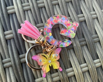 Personalized Initial Keychain, Rainbow Heart Glitter Butterfly Charm, Y2K Bag Dangle