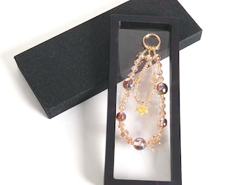 Handmade Champagne Crystal Beaded Phone Charm, Amber Tone Wristlet, Gold Flower Pendant Keychain, Elegant Bag Charm Gift