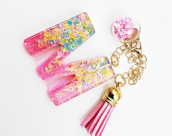 Magenta Pink Resin Initial Keychain, Water Bottle Hanger Charm for Stanley, Pastel Star Moon Keyring, Celestial Bag Charm, Cute Gift for Her