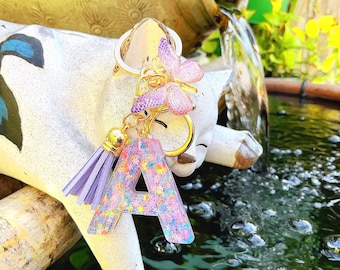 Personalized Resin Initial Keychain, Purple Butterfly Flower Glitter Keyring, Monogram Bag Charm, Aesthetic Car Hanging, Bridesmaid Gift