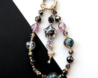Pulsera para teléfono hecha a mano con cuentas de galaxia premium, correa para teléfono con dije de estrella, cordón celestial de oro negro, correa de muñeca cósmica, llavero