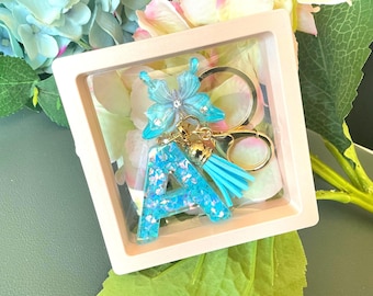 Custom Aqua Resin Letter Keychain • Sparkling Butterfly Charm Keyring • Pastel Blue Tassel Backpack Charm • Car Key Holder • Teen Girl Gift