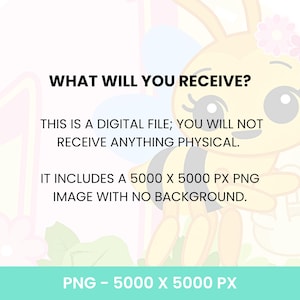 Puede incluir: Gr&aacute;fico de archivo digital con el texto "&iquest;QU&Eacute; RECIBIR&Aacute;S?" y detalles sobre la imagen PNG digital. La imagen presenta una abeja de dibujos animados con una flor y el texto "PNG - 5000 X 5000 PX".