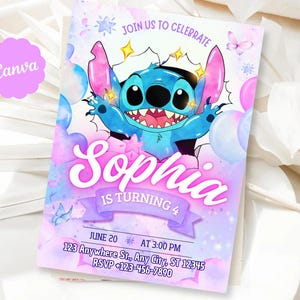 Stitch Birthday Party Invitation Template | Editable Cartoon Bday Evite & Canva Design for Kids Party, Instant Download
