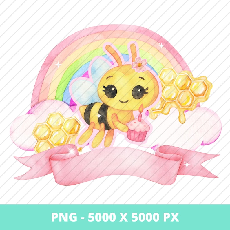 Op de afbeelding: Waterverfillustratie van een cartoonbij die een cupcake met een brandende kaars vasthoudt. De bij staat tegen een regenboog, wolken en honingraatelementen. Onderaan staat een roze banner. De afbeeldings tekst luidt "PNG - 5000 X 5000 PX".