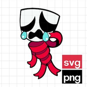 May include: A cartoon illustration of a crying character with a white head, black eyes, and a red ribbon body. The character has blue teardrops and is set against a grid background. The image includes the text "svg" and "png" in red and black boxes.