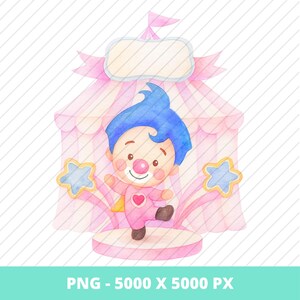 May include: Watercolor illustration of a clown character in a pink circus tent setting. The clown has blue hair, a red nose, and is wearing a pink outfit with a heart. Two blue star wands flank the clown. The image has the text "PNG - 5000 X 5000 PX".