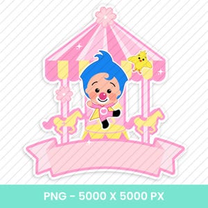 Puede incluir: Gr&aacute;fico de carrusel rosa y amarillo con un personaje de payaso de dibujos animados y un p&aacute;jaro amarillo. El payaso tiene pelo azul, nariz roja y viste un traje rosa. Incluye el texto "PNG - 5000 X 5000 PX".