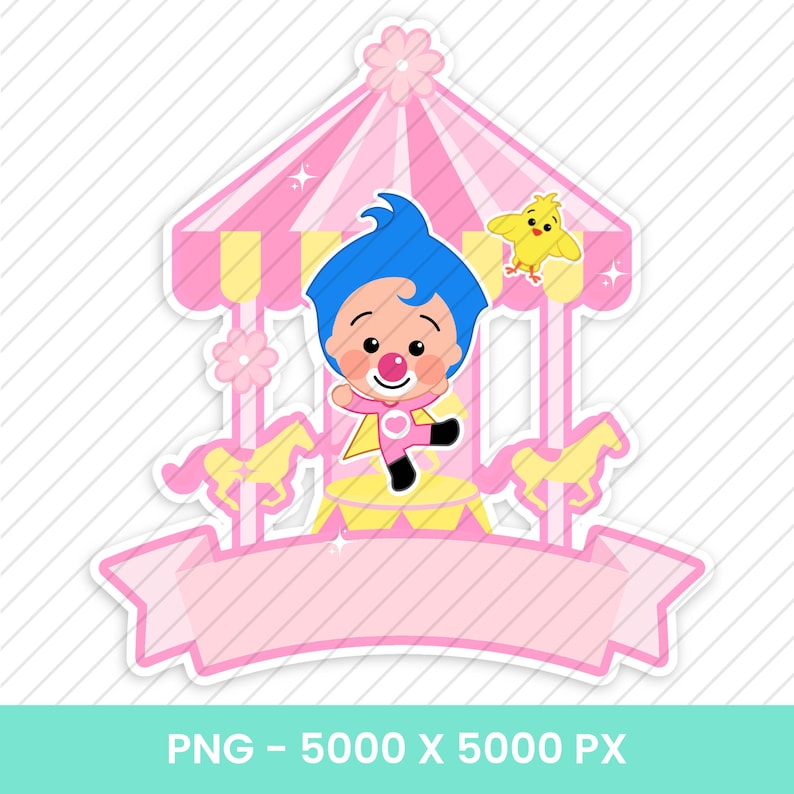 Puede incluir: Gr&aacute;fico de carrusel rosa y amarillo con un personaje de payaso de dibujos animados y un p&aacute;jaro amarillo. El payaso tiene pelo azul, nariz roja y viste un traje rosa. Incluye el texto "PNG - 5000 X 5000 PX".