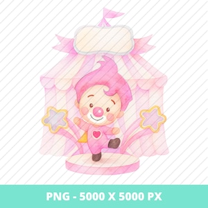 May include: Watercolor illustration of a cute clown in a pink circus tent. The clown is wearing a pink outfit with a heart and a red nose. Two star-shaped wands flank the clown. The image has the text "PNG - 5000 X 5000 PX".