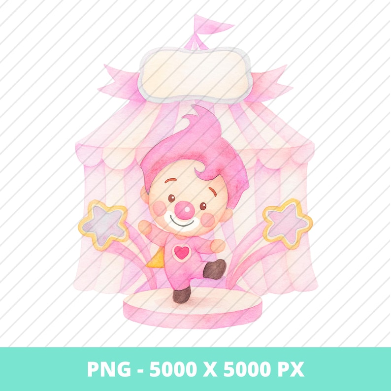 May include: Watercolor illustration of a cute clown in a pink circus tent. The clown is wearing a pink outfit with a heart and a red nose. Two star-shaped wands flank the clown. The image has the text "PNG - 5000 X 5000 PX".