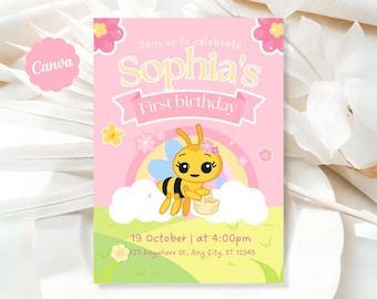 Little bee invitation, bee birthday, girl's first birthday, printable invitation, invitation template, kids birthday invite