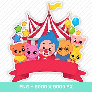 Puede incluir: Ilustración colorida con temática de circo con una carpa a rayas rojas y blancas, globos, estrellas y una pancarta roja. La imagen incluye personajes de dibujos animados como un payaso, un oso, un gato, un elefante, un cerdo y un pato. El texto en la parte inferior dice "PNG - 5000 X 5000 PX".