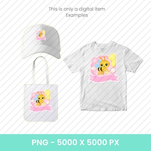 Puede incluir: Una gorra de b&eacute;isbol, un bolso de mano y una camiseta blancos con un dise&ntilde;o de abeja de dibujos animados. La abeja es amarilla y negra, con una pancarta rosa y detalles florales. Tambi&eacute;n se ve el texto "This is only a digital item Examples" y "PNG - 5000 X 5000 PX".