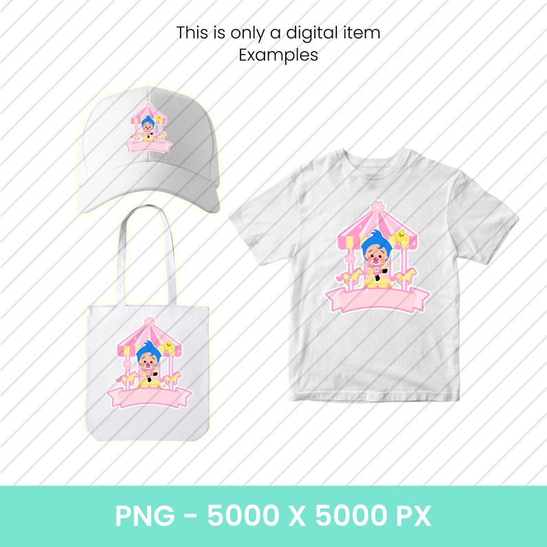 Puede incluir: Gorra de b&eacute;isbol, bolso de mano y camiseta blancos con un dise&ntilde;o de carrusel y un personaje de dibujos animados. El carrusel tiene detalles rosas y amarillos. Tambi&eacute;n se ve el texto "This is only a digital item Examples" y "PNG - 5000 X 5000 PX".