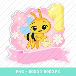 Puede incluir: Ilustraci&oacute;n de dibujos animados con una abeja amarilla sosteniendo una cesta, con el n&uacute;mero uno y flores. La abeja tiene rayas negras y amarillas. El fondo es rosa con una pancarta en la parte inferior.