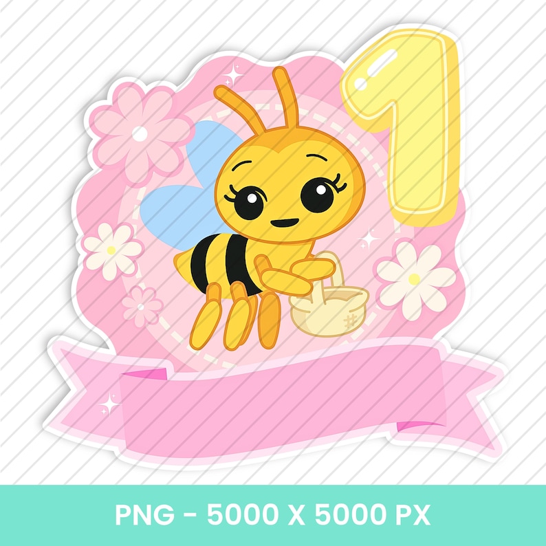 Puede incluir: Ilustraci&oacute;n de dibujos animados con una abeja amarilla sosteniendo una cesta, con el n&uacute;mero uno y flores. La abeja tiene rayas negras y amarillas. El fondo es rosa con una pancarta en la parte inferior.