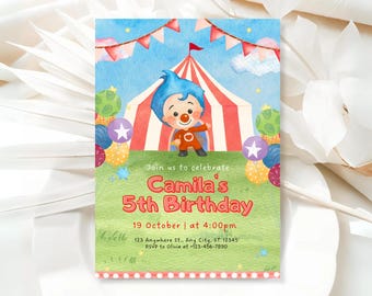 Puede incluir: Invitación de cumpleaños colorida con un payaso de dibujos animados frente a una carpa de circo. La invitación incluye el texto "5th Birthday de Camila" con fecha, hora e información de RSVP. Globos y guirnaldas decoran la escena.