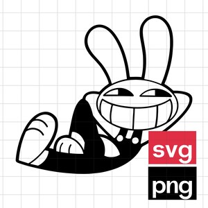 May include: A black and white cartoon rabbit illustration with a large grin and long ears, wearing a black outfit. The rabbit is lying down. The image includes the text "svg" in a red box and "png" in a black box.