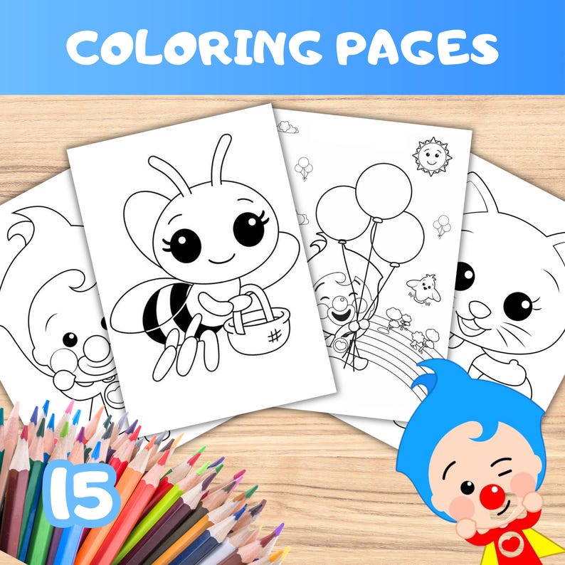 15 Plim Plim Little Bee Coloring Pages | Digital Coloring Book | Plim Circus Clown Fans | Little Bee | Kids Birthday Activity image 1