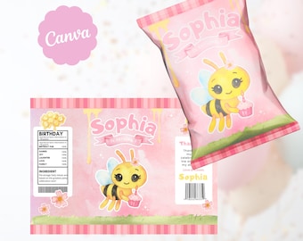 Little Bee decoration, bee birthday, chips bag printable, little bee supplies, party favor template, chips bee birthday canva