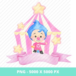 May include: Watercolor illustration of a cartoon clown character with blue hair, a red nose, and a pink outfit. The clown stands in front of a pink and yellow circus tent with star accents and a pink banner.