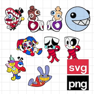 Puede incluir: Una colección de personajes de dibujos animados coloridos en varias poses. Los personajes incluyen un bufón, un rey, una reina, una esfera azul sonriente y otras figuras caprichosas. La imagen también incluye el texto "svg" y "png" en cajas rojas y negras.