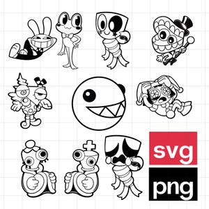 May include: Black and white cartoon illustrations of various characters, including a rabbit, frog, and other whimsical figures. The image also includes the text "svg" in a red box and "png" in a black box.