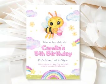Little bee invitation, bee birthday, kids birthday invite, girls first birthday, printable invitation, invitation template, plim