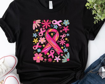 Boho Floral Pink Ribbon Breast Cancer Awareness Shirt