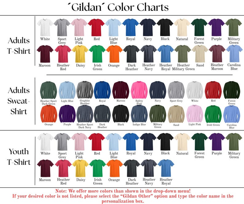 Puede incluir: Una carta de colores para ropa de la marca Gildan, que incluye camisetas para adultos y j&oacute;venes y sudaderas para adultos. La carta muestra una variedad de colores, como blanco, negro, rojo, azul y verde. El texto en la parte inferior dice: "&iexcl;Ofrecemos m&aacute;s colores!"