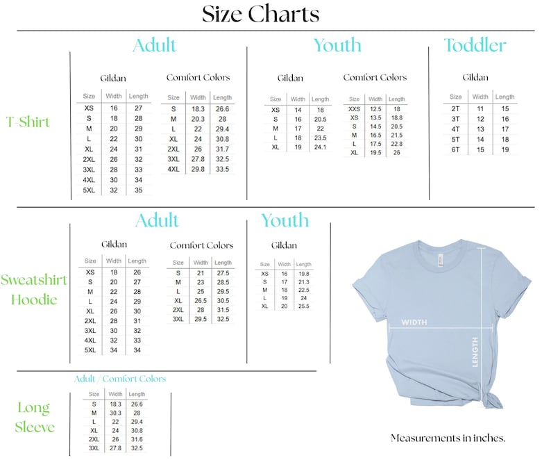 Puede incluir: Tabla de tallas para camisetas, sudaderas, sudaderas con capucha y manga larga para adultos, j&oacute;venes y ni&ntilde;os peque&ntilde;os. Las medidas est&aacute;n en pulgadas. Incluye tablas de tallas Gildan y Comfort Colors.