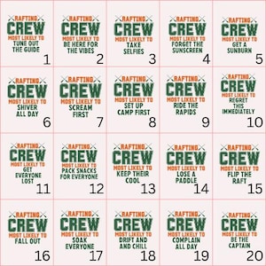 May include: A grid of twenty white squares, each with a green and black design. The design reads "RAFTING CREW" above a phrase like "Most Likely to Tune Out the Guide" or "Most Likely to Take Selfies."