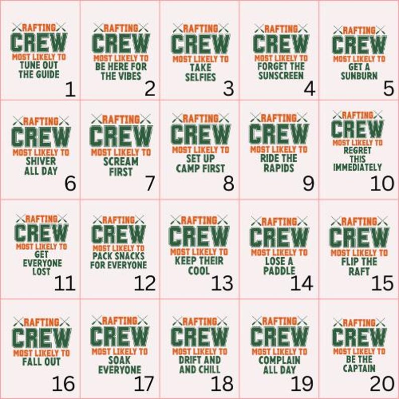 May include: A grid of twenty white squares, each with a green and black design. The design reads "RAFTING CREW" above a phrase like "Most Likely to Tune Out the Guide" or "Most Likely to Take Selfies."