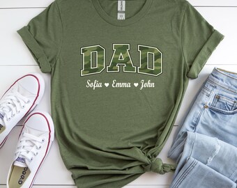 Camiseta personalizada para papá, camiseta personalizada con nombres de niños para el Día del Padre, camiseta de camuflaje para papá.