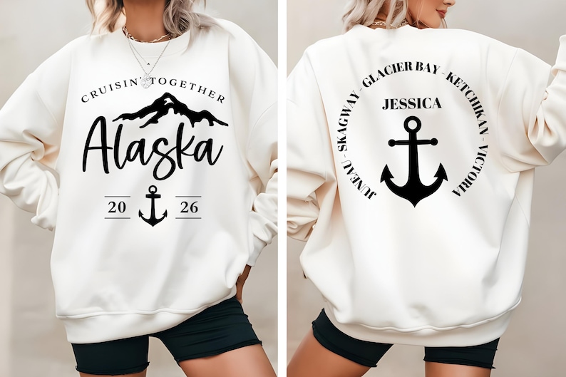 Puede incluir: Sudadera color crema con texto y gr&aacute;ficos negros. La parte delantera presenta "Cruisin' Together Alaska" con un gr&aacute;fico de monta&ntilde;a y ancla. La parte trasera tiene un dise&ntilde;o circular con "Glacier Bay, Ketchikan, Victoria" y un ancla.