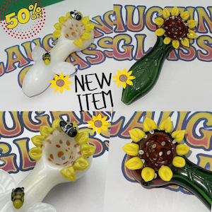 Sunflower and Bees Unique cute Glass Hand Blown Pipe - White with yellow flowers