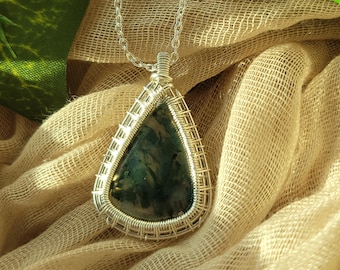 Moss agate crystal wire wrapped sterling silver wire jewelry