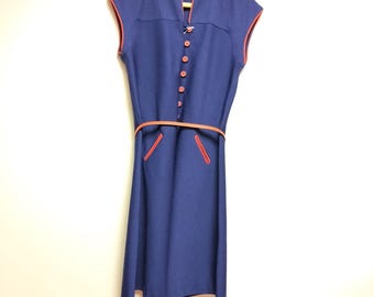 Vintage 60s Sleeveless Navy Dress w Belt