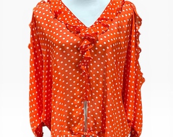 Alberto Makali Blusa transparente con mangas con volantes y estampado de lunares rojos y blancos, talla XS.