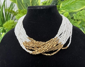 Vintage Seed Bead Multi-Strand Tiered White and Bronze Statement Necklace