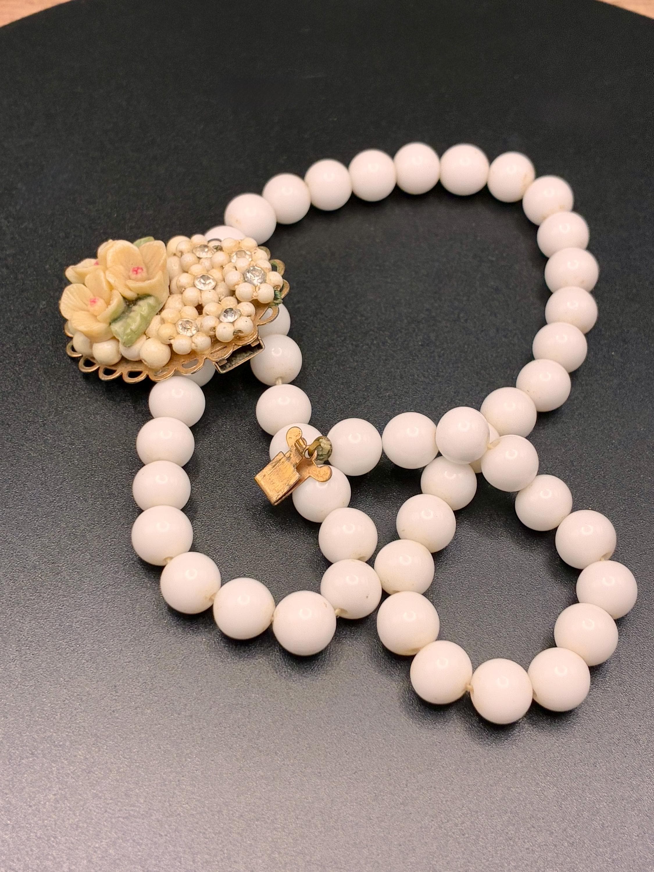 Vintage Miriam Haskell Necklace: White Glass Beads, Rhinestone