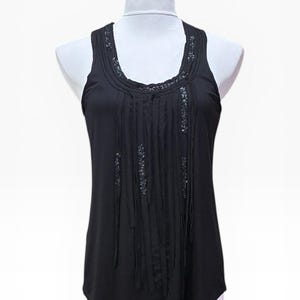 BCBG Black Sleeveless Top, Fringe Front and Back Round Neckline Sequin Detail imagen 1
